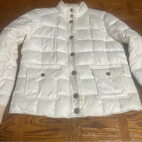 Tory Burch Quilted Puffer Jacket Large Snap Button in Cream Sz L Slim Fit Chic - Picture 2 of 14